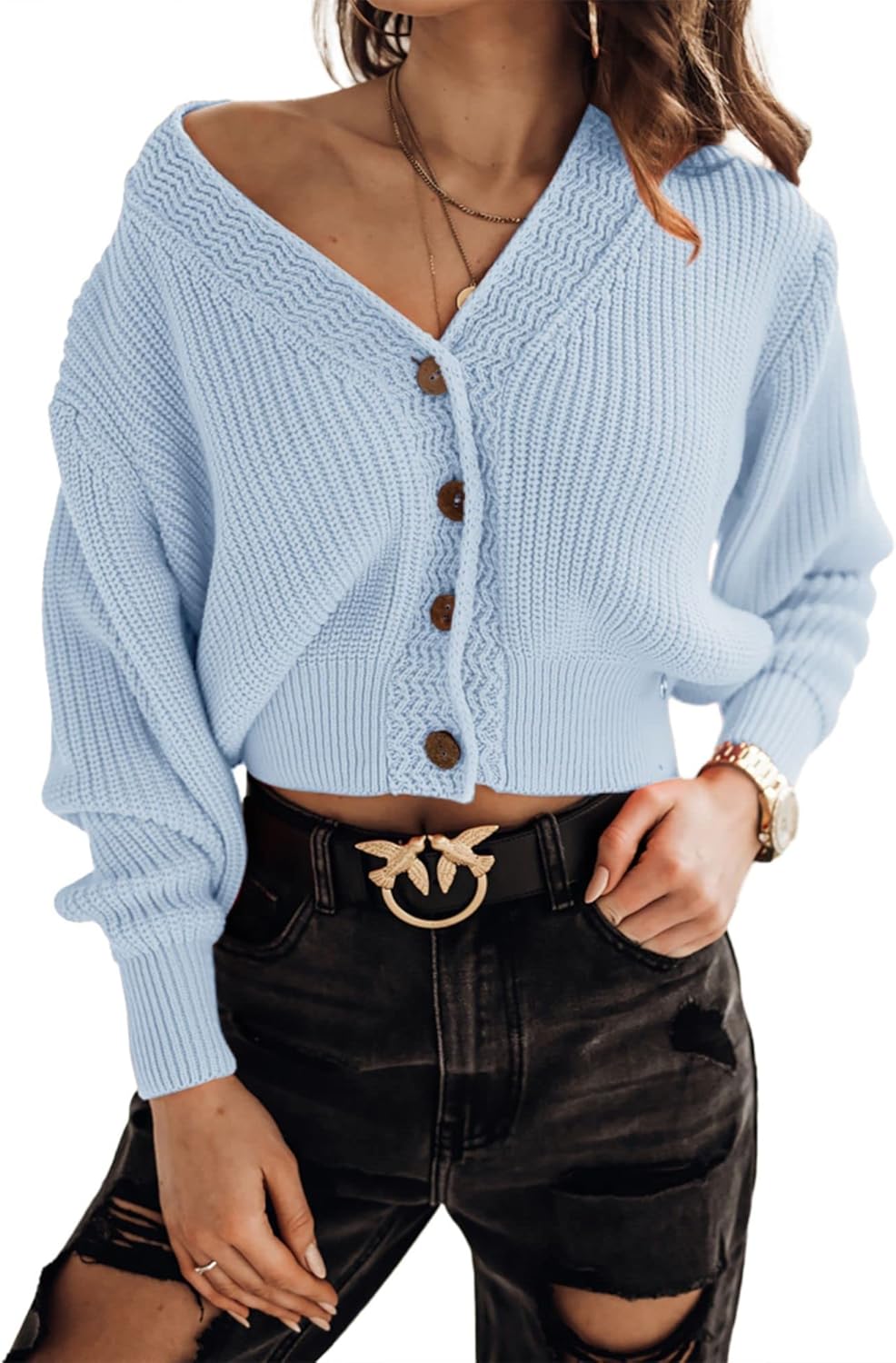 Febriajuce Women's Long Sleeve V-Neck Cropped Cardigan Sweater