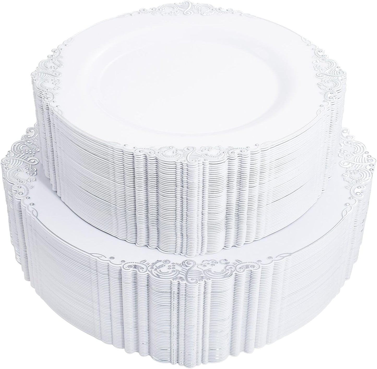 102PCS White and Silver Plastic Plates for Elegant Events