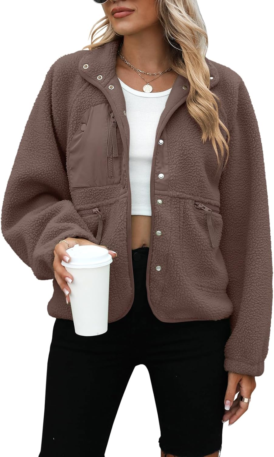 Yanekop Womens Fleece Jacket Cozy Sherpa Outerwear with Pockets