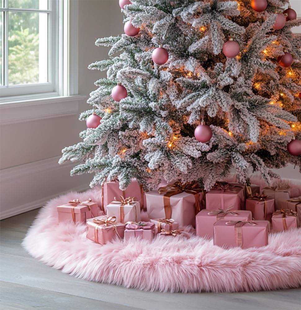 72 Inch Pink Plush Christmas Tree Skirt for Festive Decor