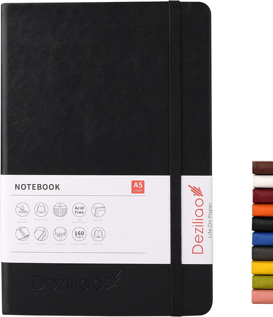 Deziliao 160pg Lined Journal, 100Gsm Premium Paper, Pocket, Medium 5.7x8.4 - Black