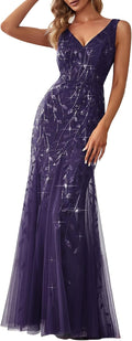 Women's Sequin Tulle Mermaid Evening Dress Double V-Neck - Elegant Fit