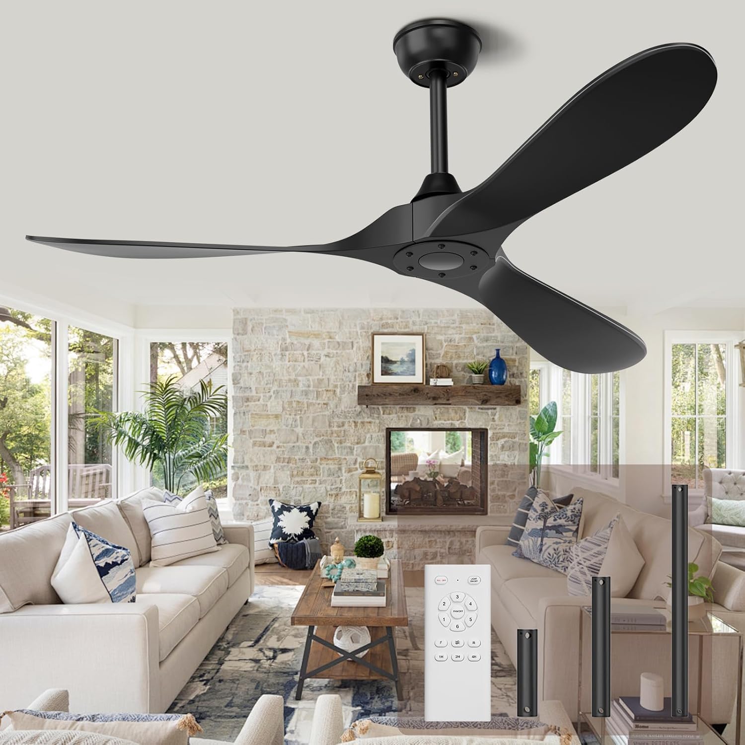 Black Ceiling Fan No Light - 52 in Outdoor Ceiling Fan with Remote