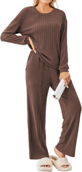 Ekouaer Womens Ribbed Knit Pajama Set - Soft Fleece Lounge Two-Piece