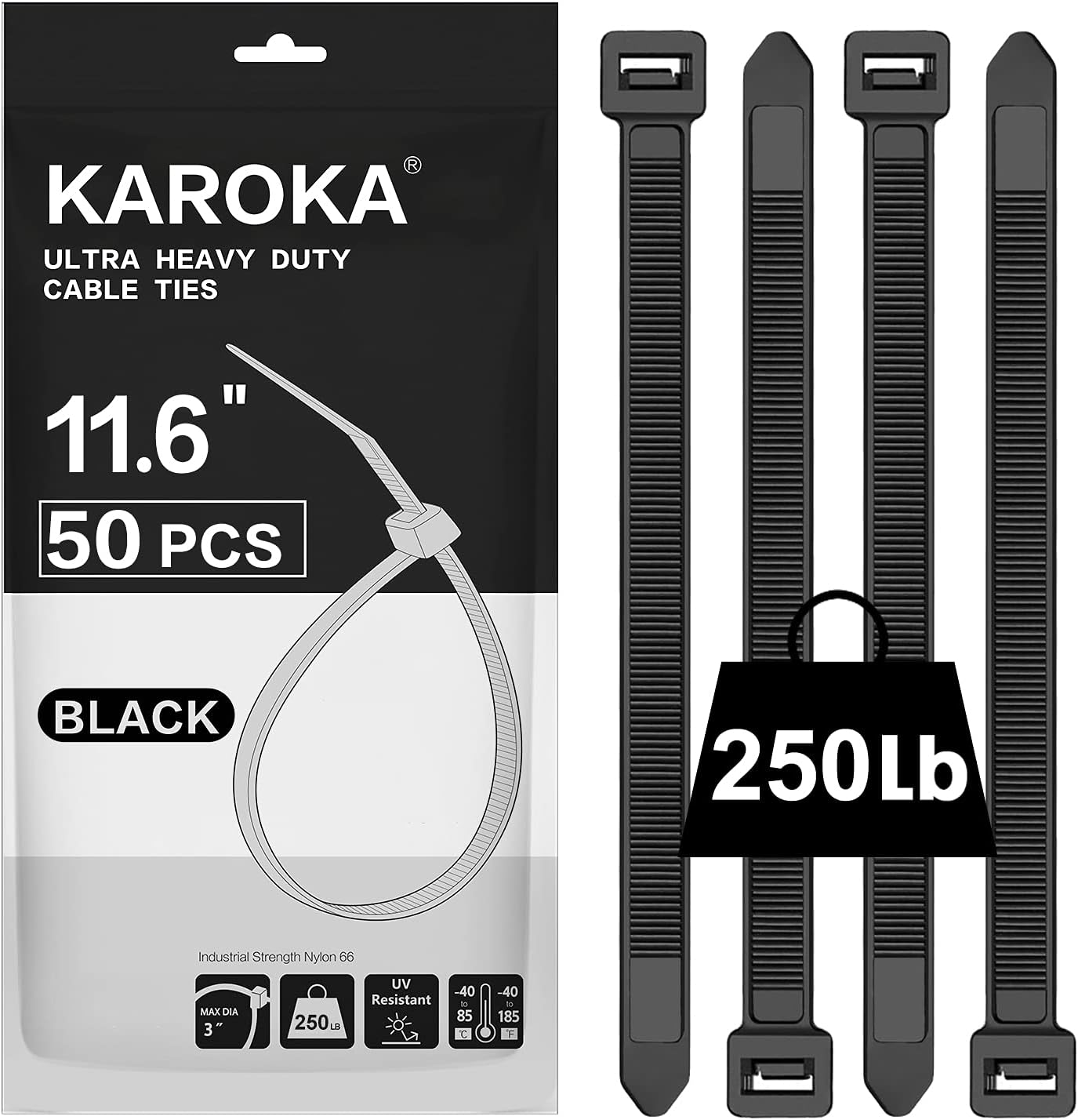 Karoka Heavy Duty Zip Ties - 250 lbs Strength