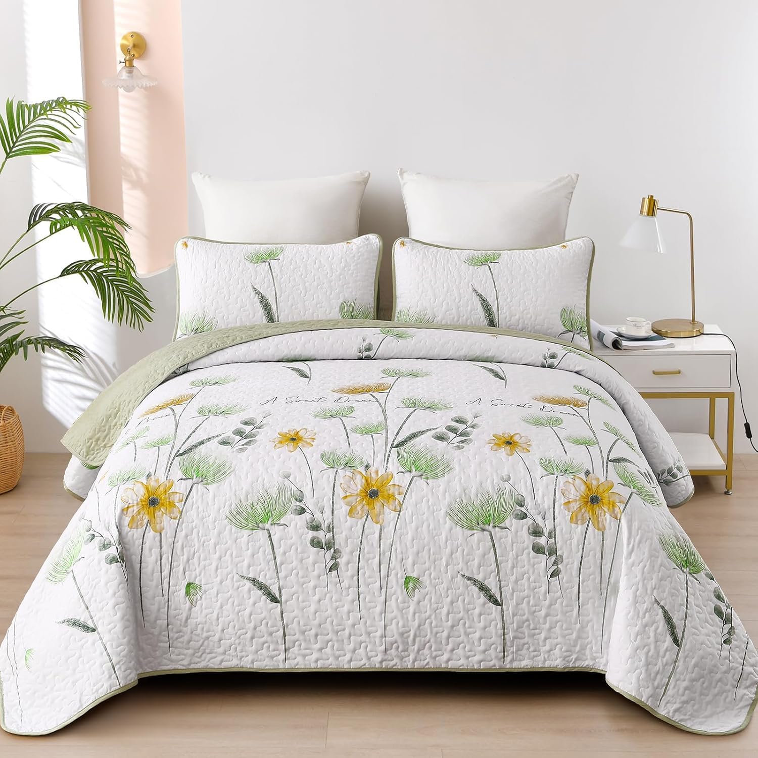 Dinjoy Floral Quilt Set Twin Size for Cute Summer Bedding
