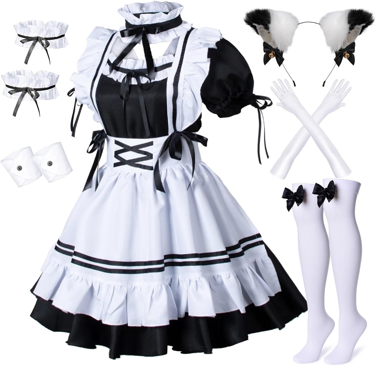 Wannsee Anime French Maid Apron Costume with Cat Ear Gloves Set