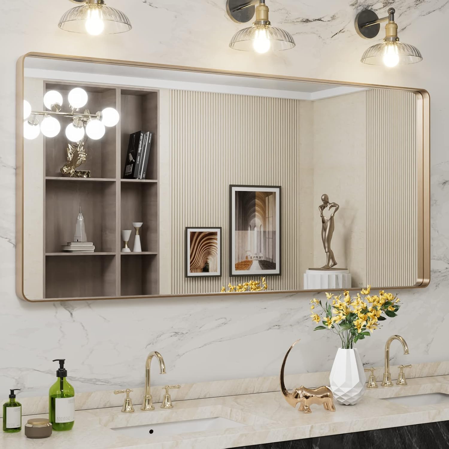 60X28 Gold Bathroom Mirror with Rounded Rectangle Frame Design