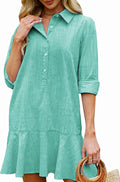 Womens Cotton Linen Tunic Shirt Mini Dress Long Sleeve - Ruffle Hem