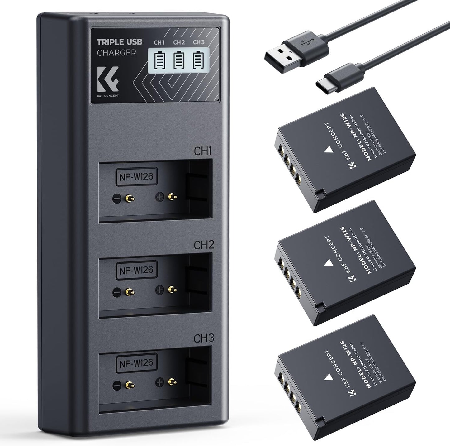 K&F CONCEPT 3-Pack NP-W126 Batteries and Charger for Fujifilm