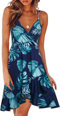 Womens Floral V Neck Ruffled Hem Summer Wrap Dress - Flowy Fit