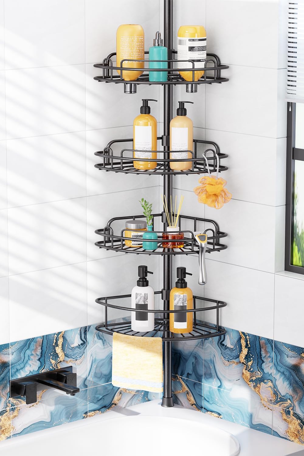 HAMITOR Shower Caddy Tension Pole: Rustproof 4-Tier Organizer