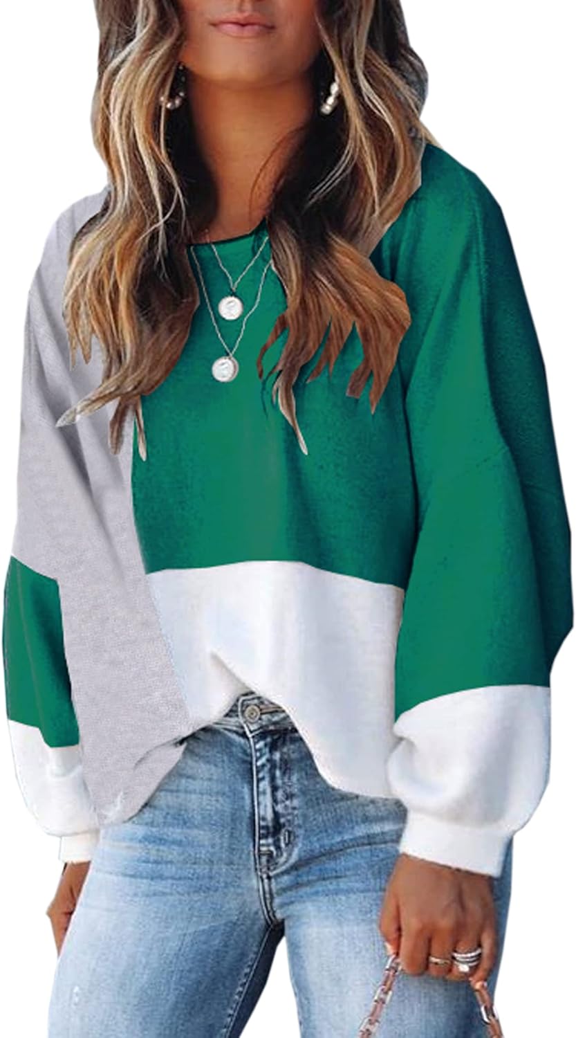 ECOWISH Women Sweater Long Sleeve Color Block Knit Pullover