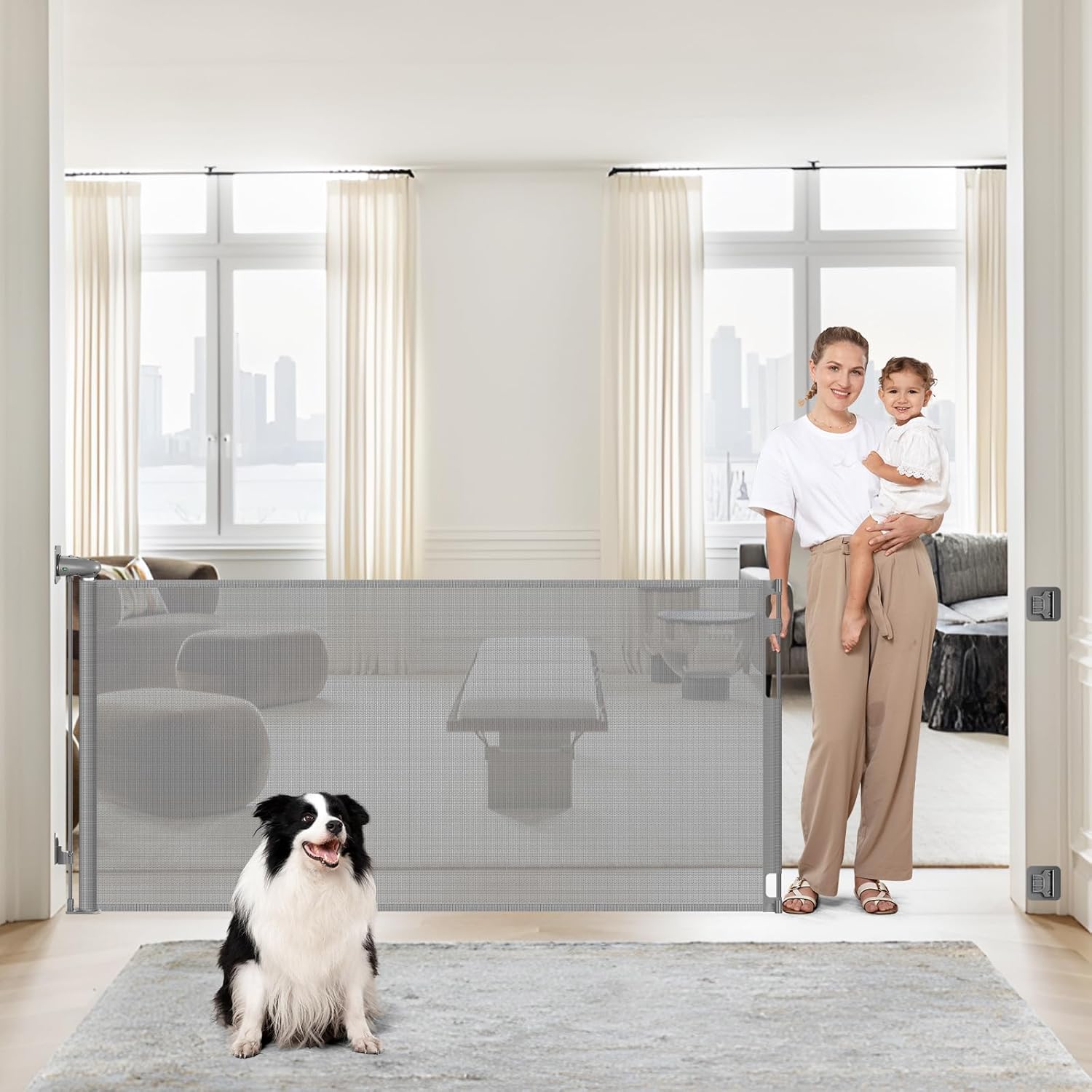 Retractable Baby Gate for Stairs No Drilling - 75-Inch Wide