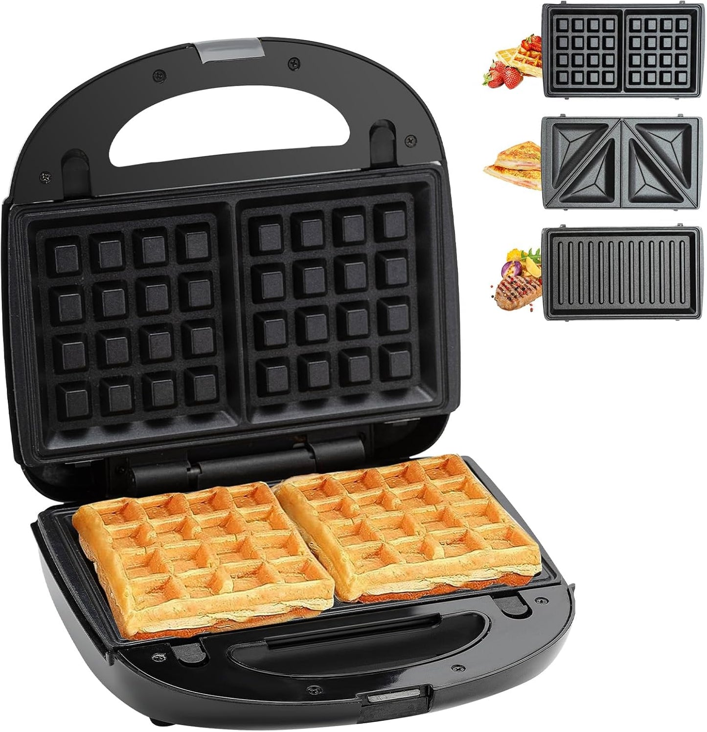 3-In-1 Mini Waffle Maker - Non-Stick Removable Plates