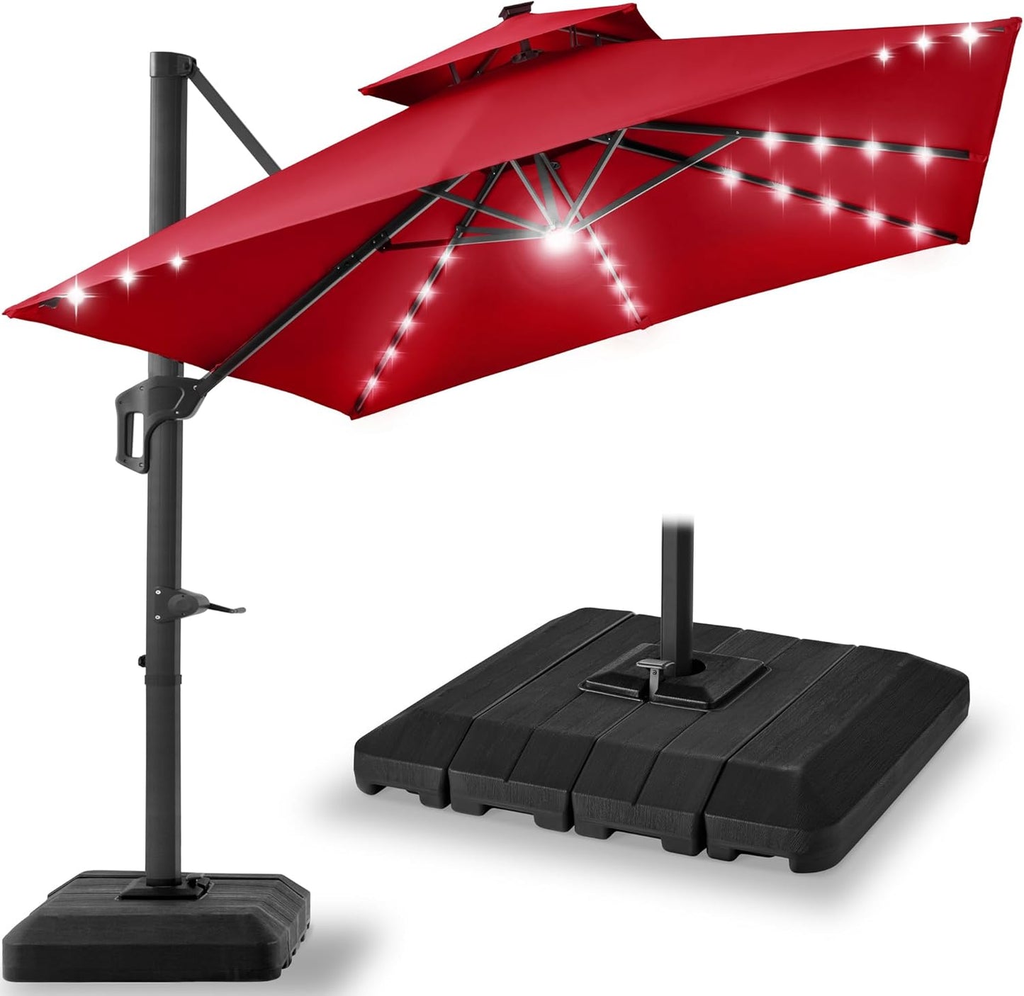 10x10ft Cantilever Patio Umbrella with Solar LED Lights and Base