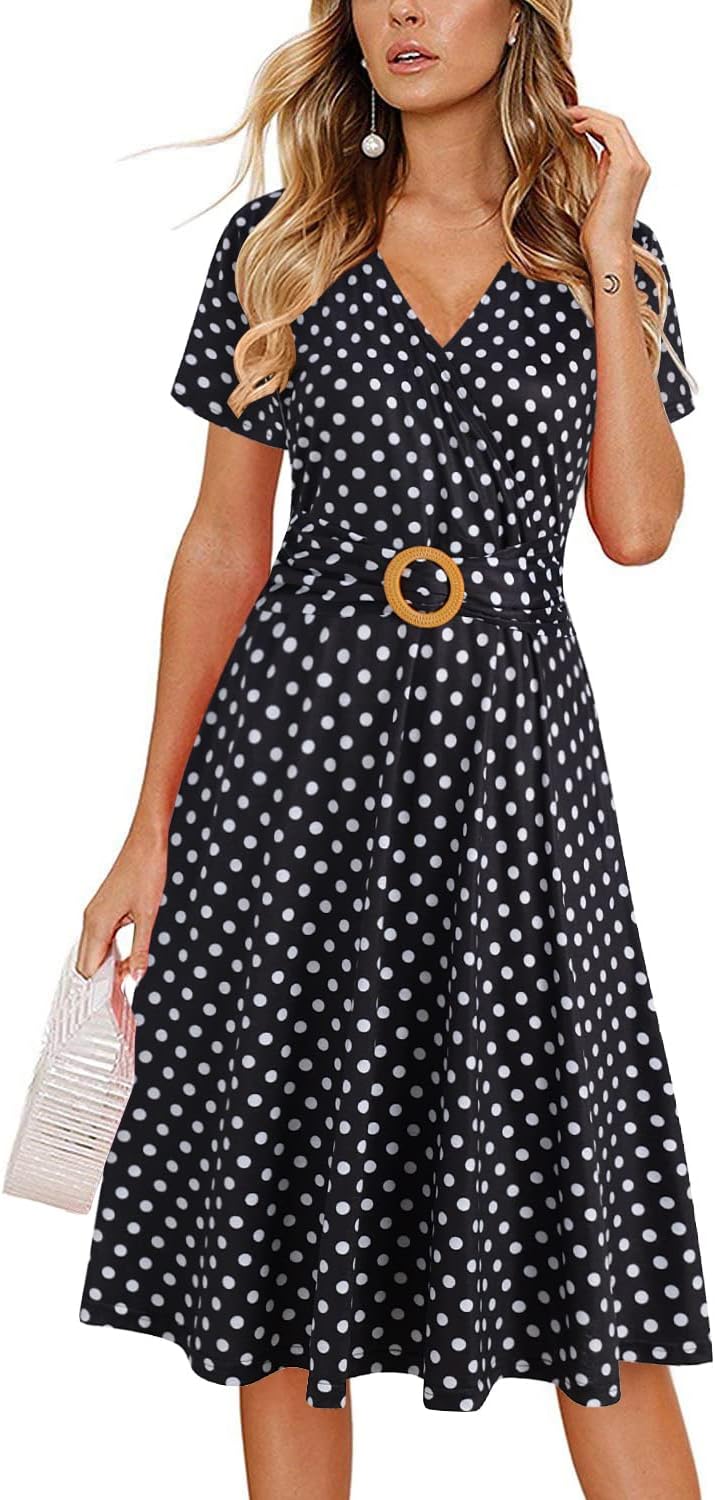 Elegant Criss-Cross V Neck Vintage Short Sleeve Dress with Pockets