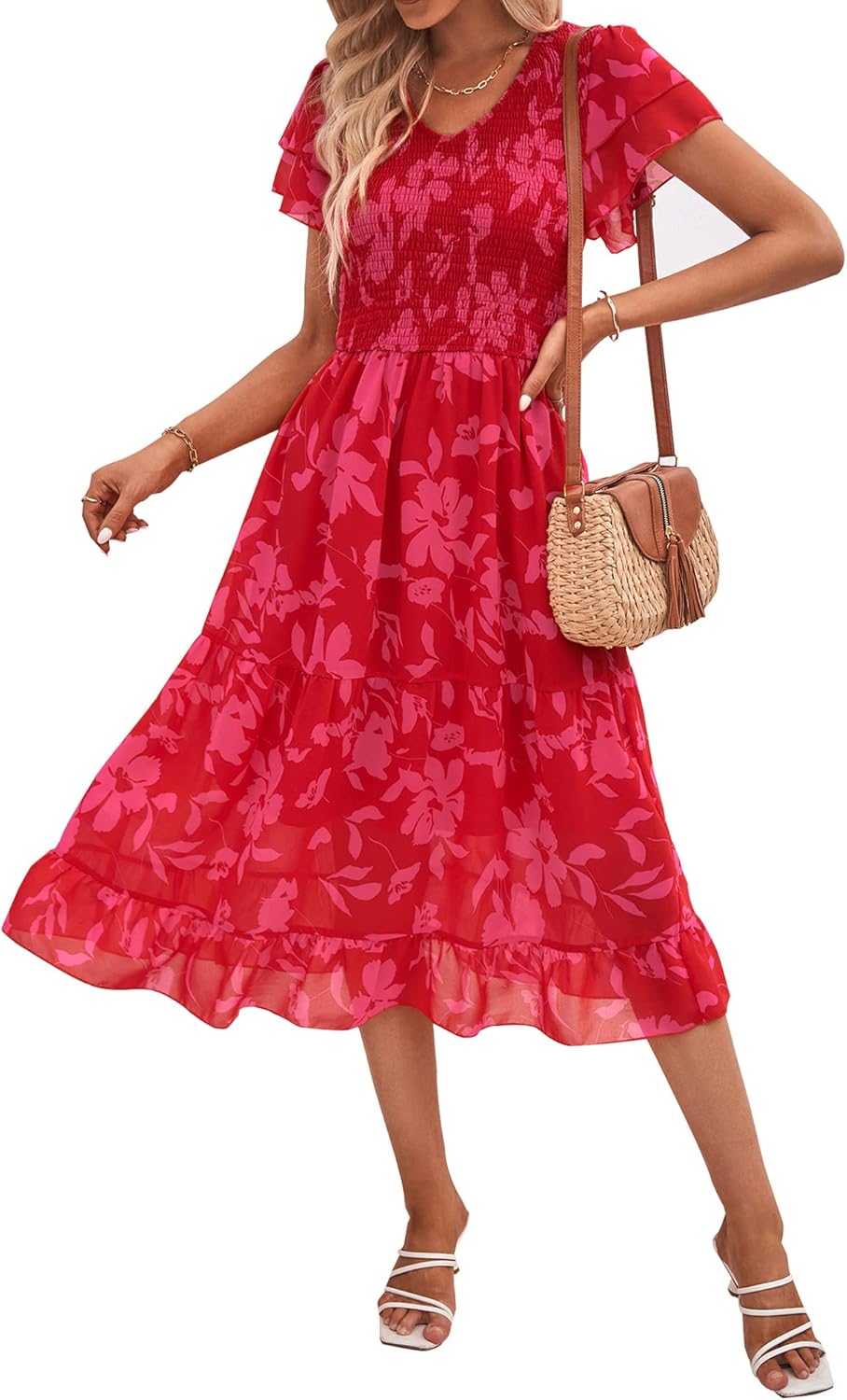 BTFBM Women Casual Summer Short Ruffles Tiered Sleeve Dress