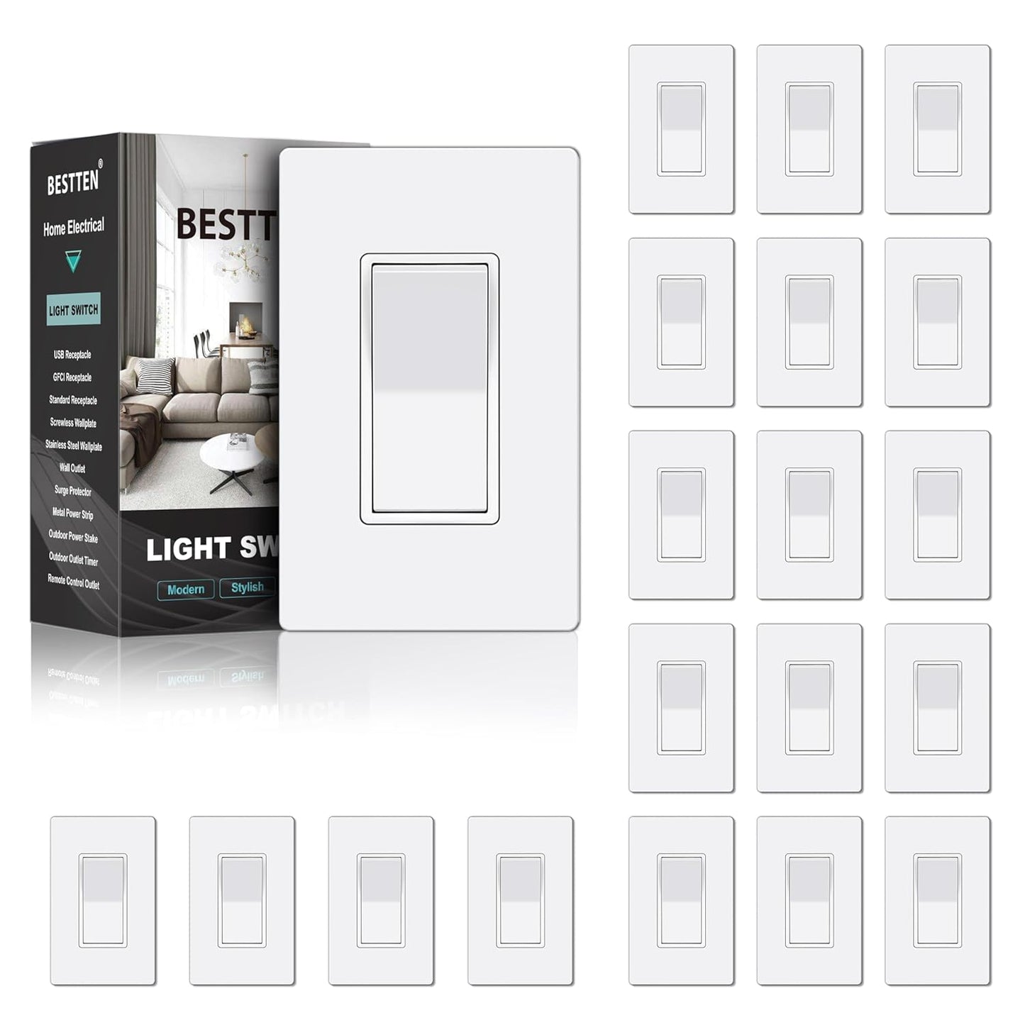 BESTTEN 20 Pack 3 Way Decorator Light Switch with Wall Plate