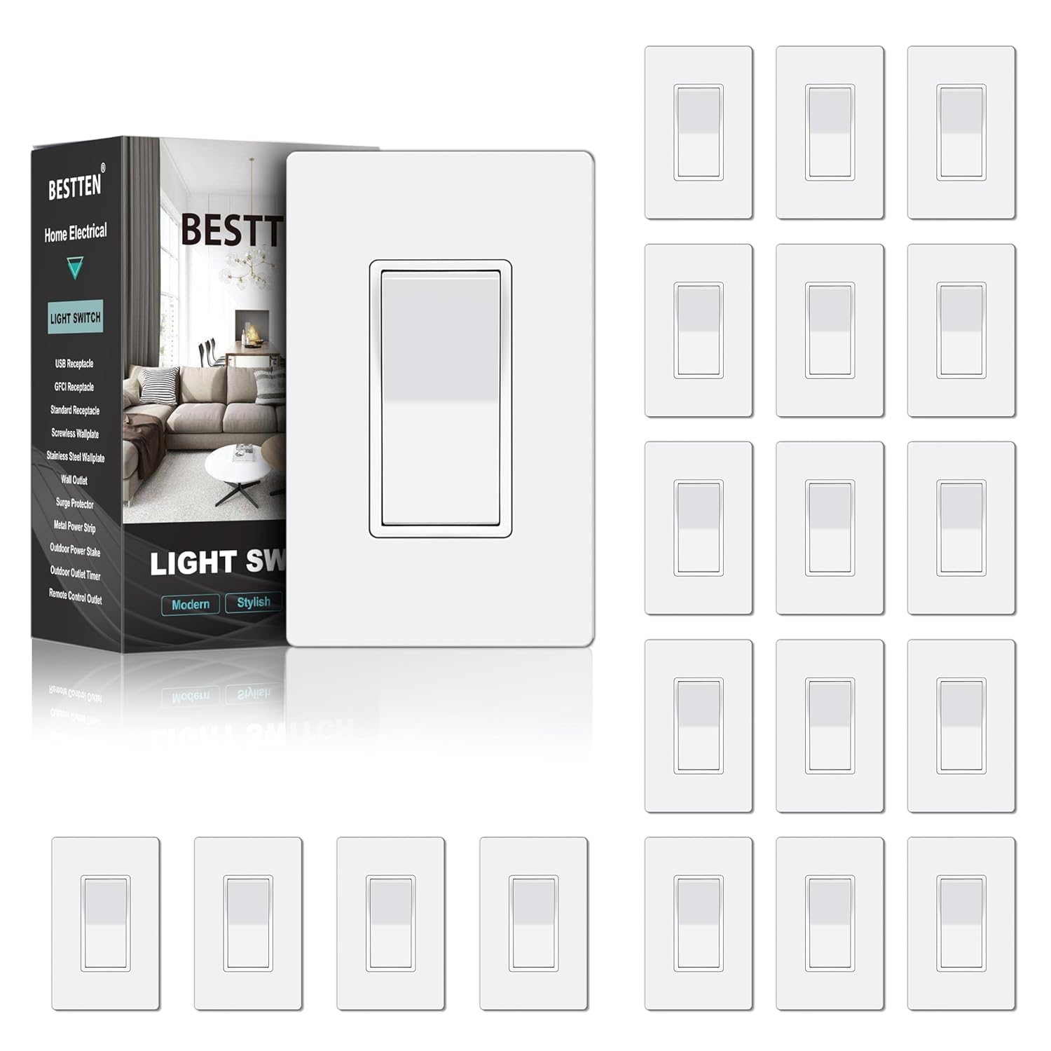 BESTTEN 20 Pack 3 Way Decorator Light Switch with Wall Plate