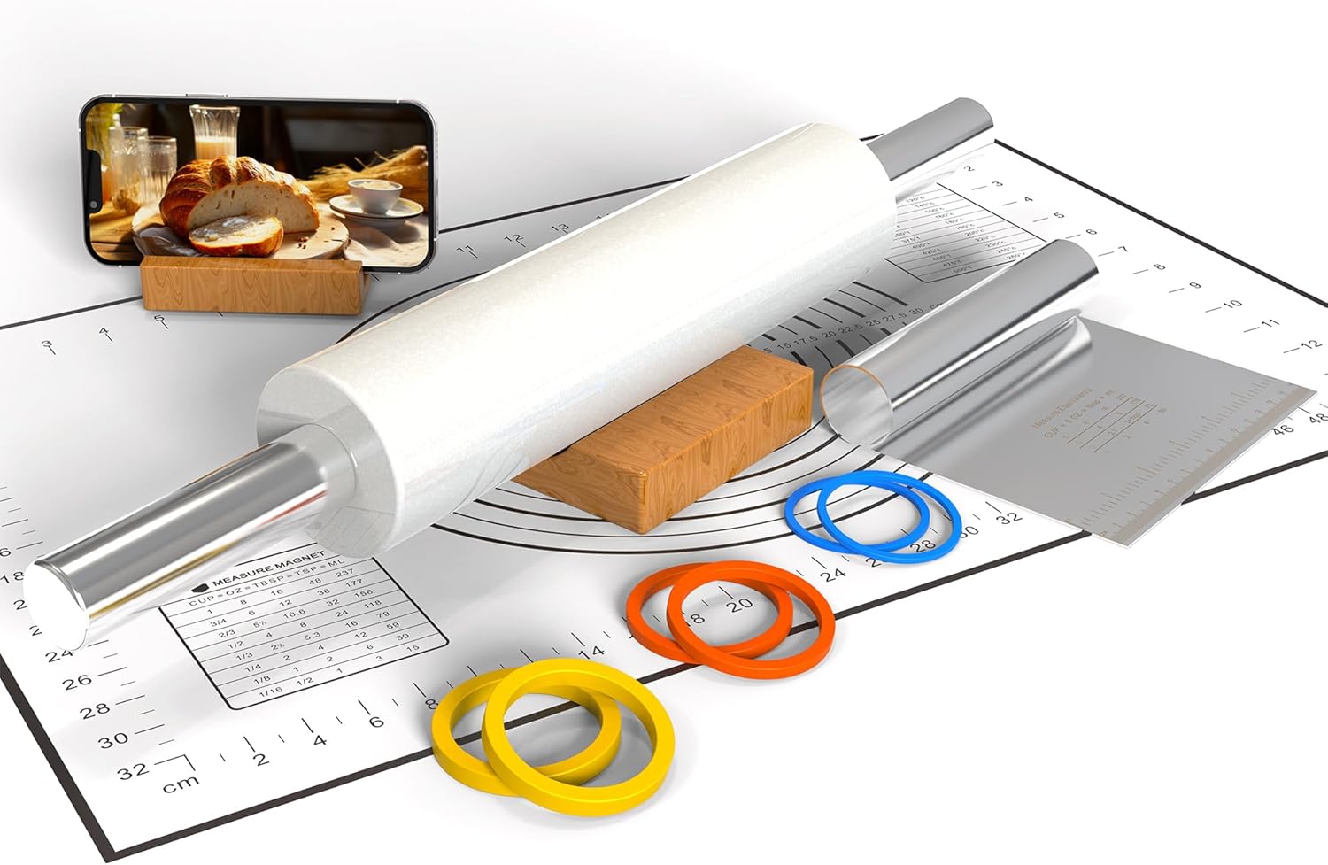 Marble Rolling Pin with Pastry Mat and Dough Cutter for Baking