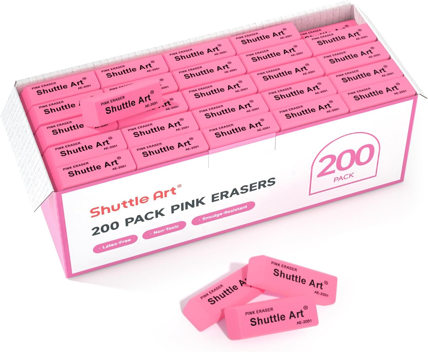 Shuttle Art Pink Erasers 200 Pack Bulk for School Supplies