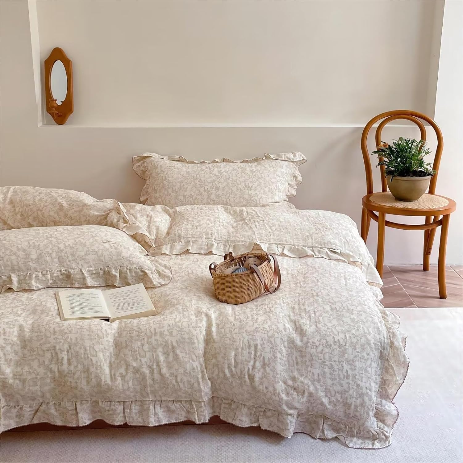 BuLuTu Rabbit Duvet Cover Full Size for Kids with Ruffles
