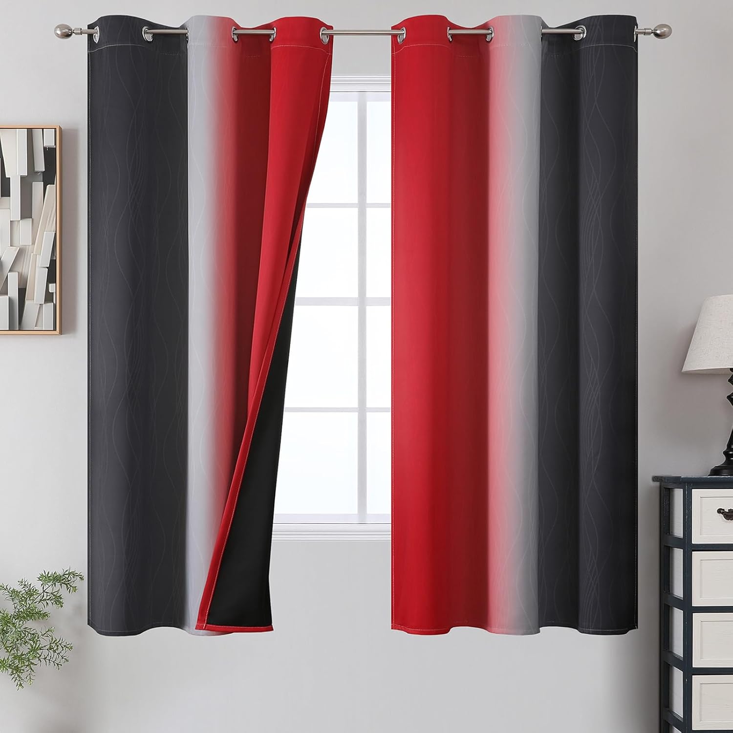 Ombre Red and Black Blackout Curtains for Living Room 63 Inch