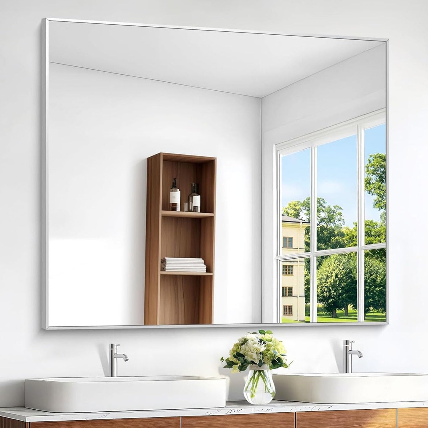 BONEWEI 48x48 inch Silver Bathroom Mirror for Modern Decor