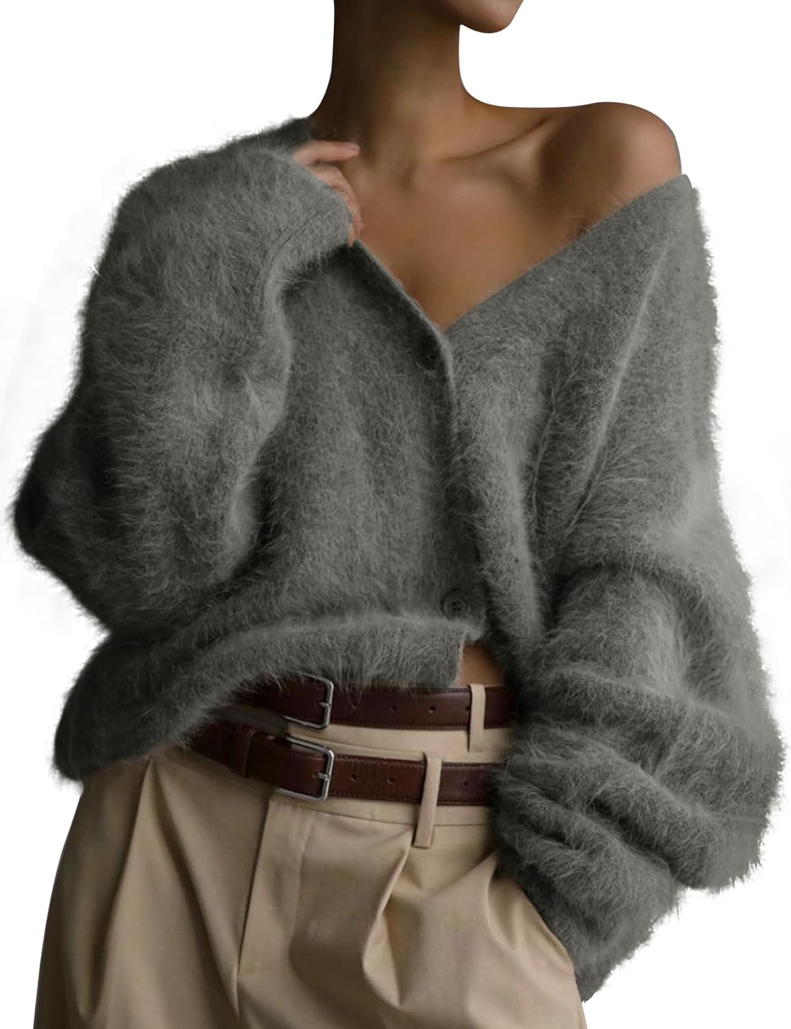 COZYPOIN Womens Fuzzy Mohair Cardigan for Stylish Comfort