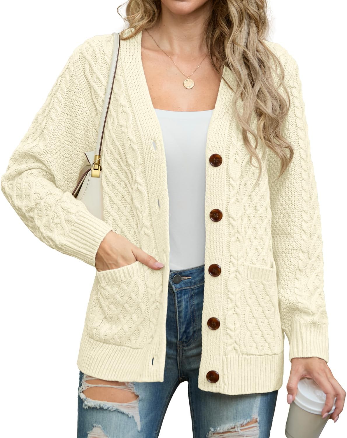 GRECERELLE Women Long Sleeve Cable Knit Sweater Cardigan Coat
