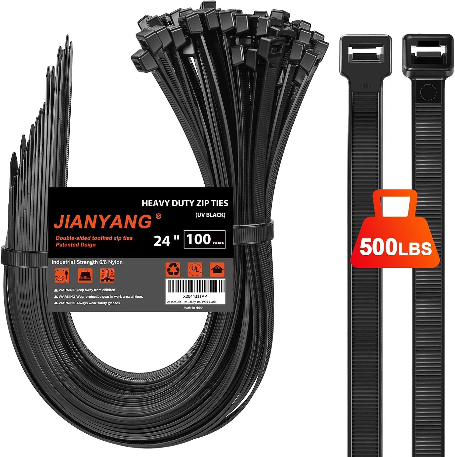 JIANYANG 24 Heavy Duty Zip Ties 500 LBS Strength - 100 Pack