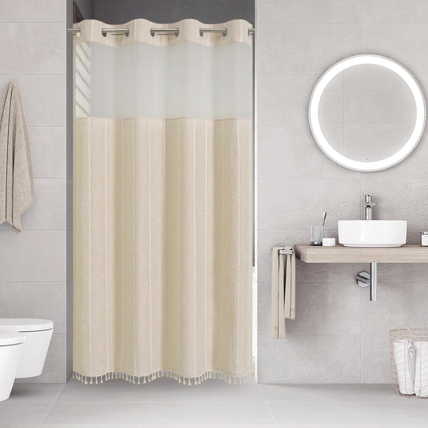No Hook Stall Shower Curtain with Snap-in Liner for Bathroom