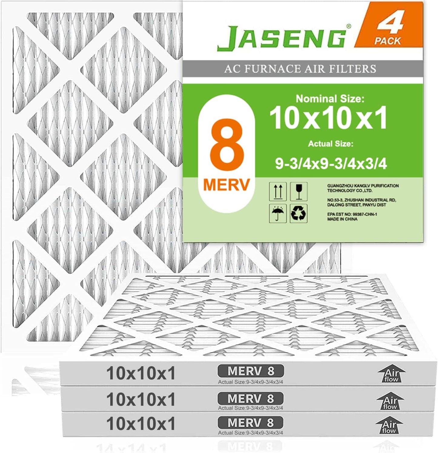 JASENG 10x10x1 Air Filter 4 Pack - MERV 8 for Clean HVAC Air
