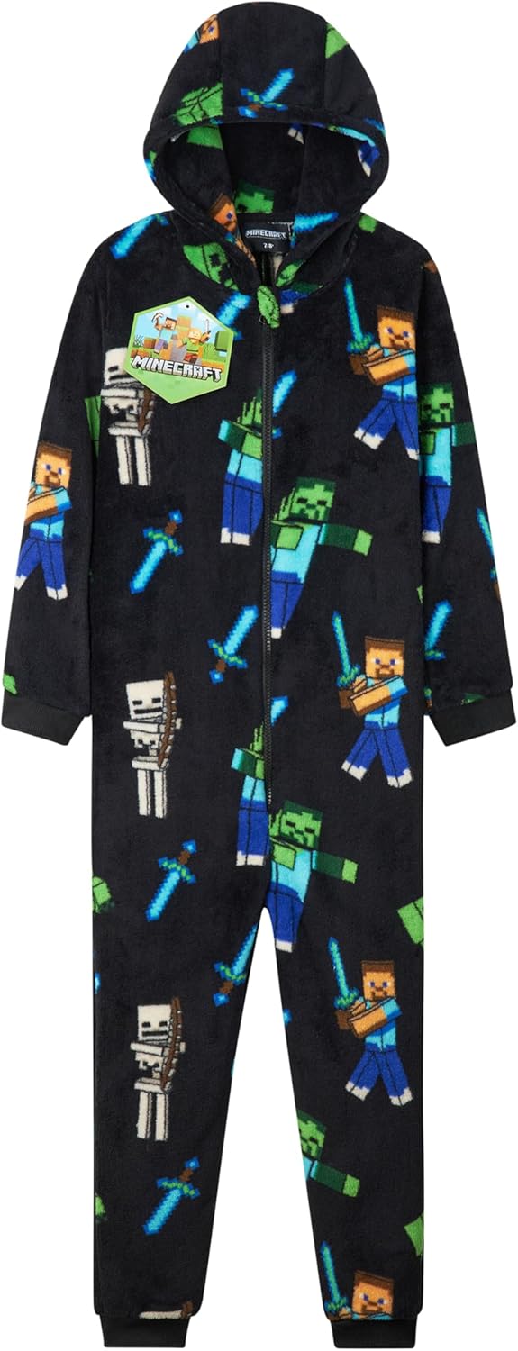Minecraft Boys Fleece Hooded Pajamas for Cozy Gaming Nights