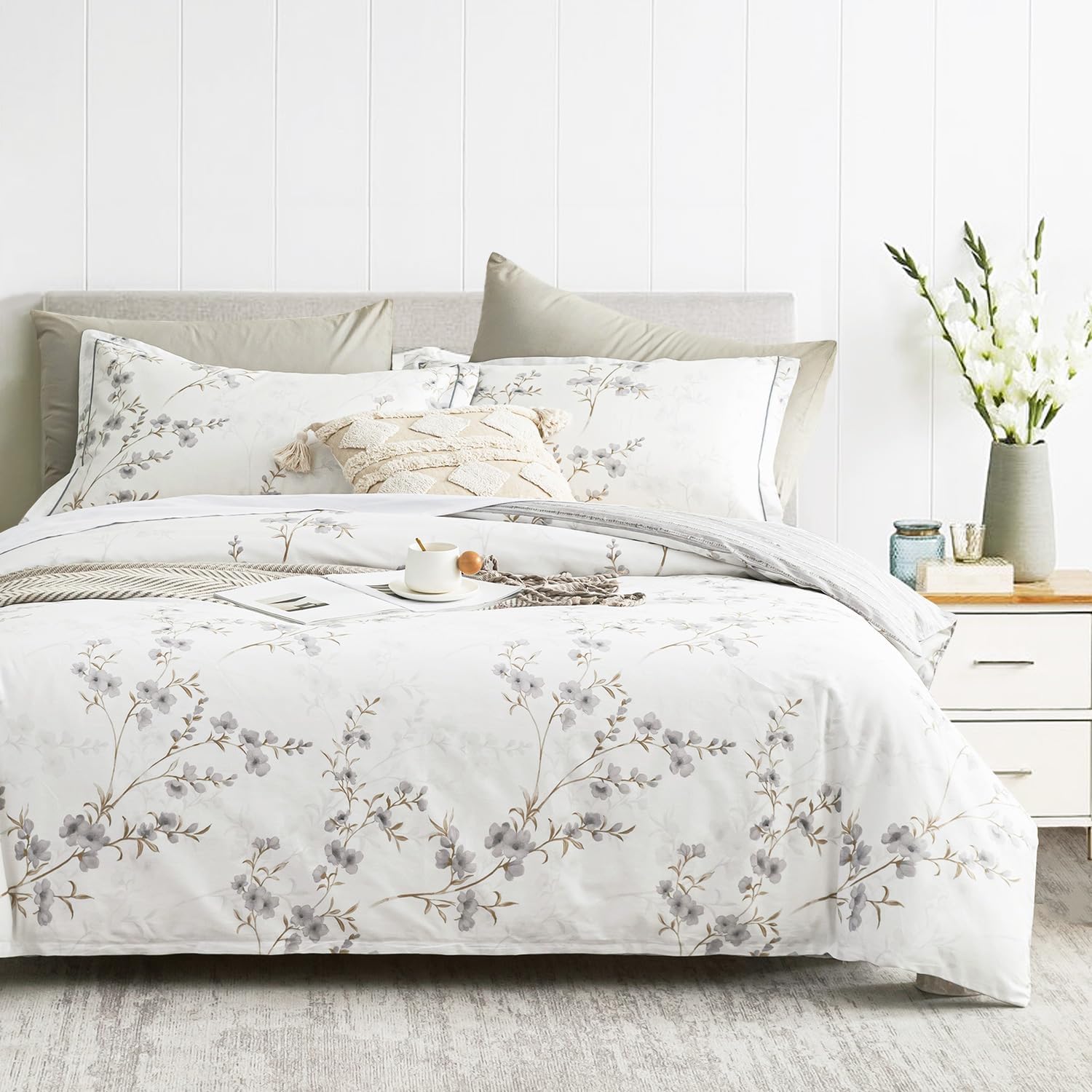 Vintage Botanical White Cotton Comforter Set with Gray Flowers