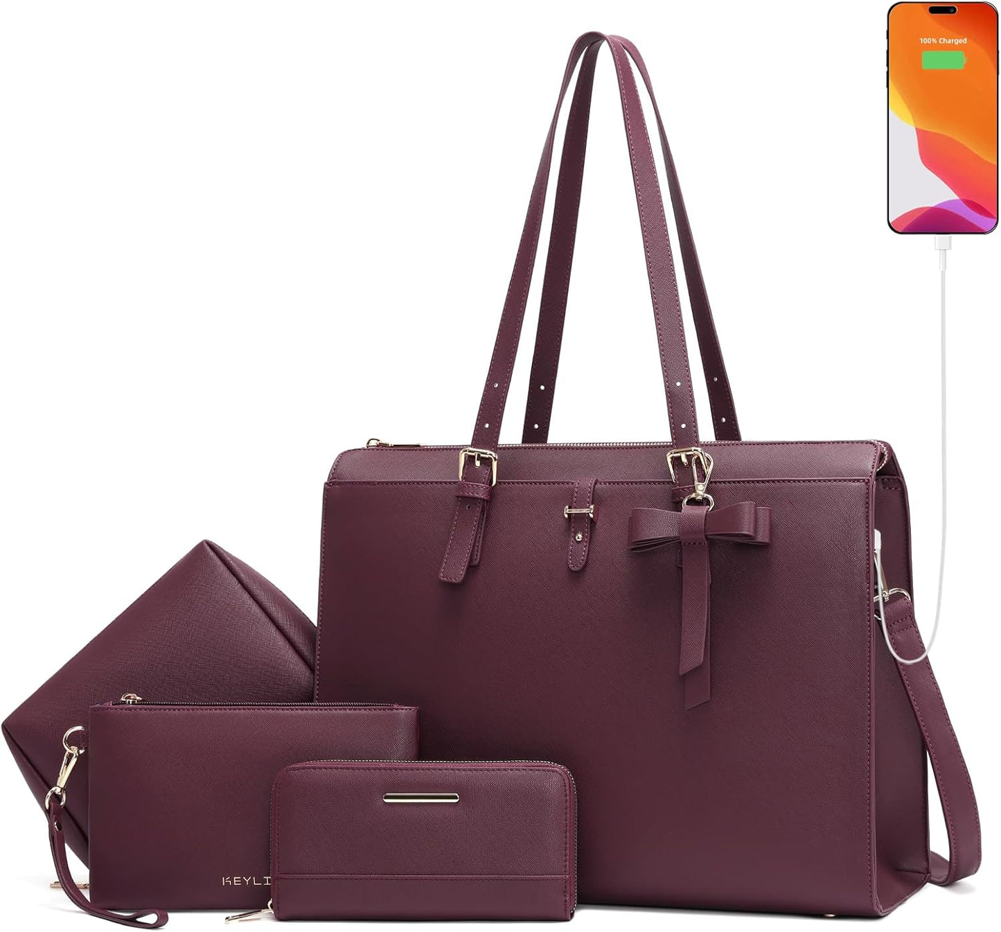 Keyli 4pc Laptop Bag Set for Women with USB Charging Port