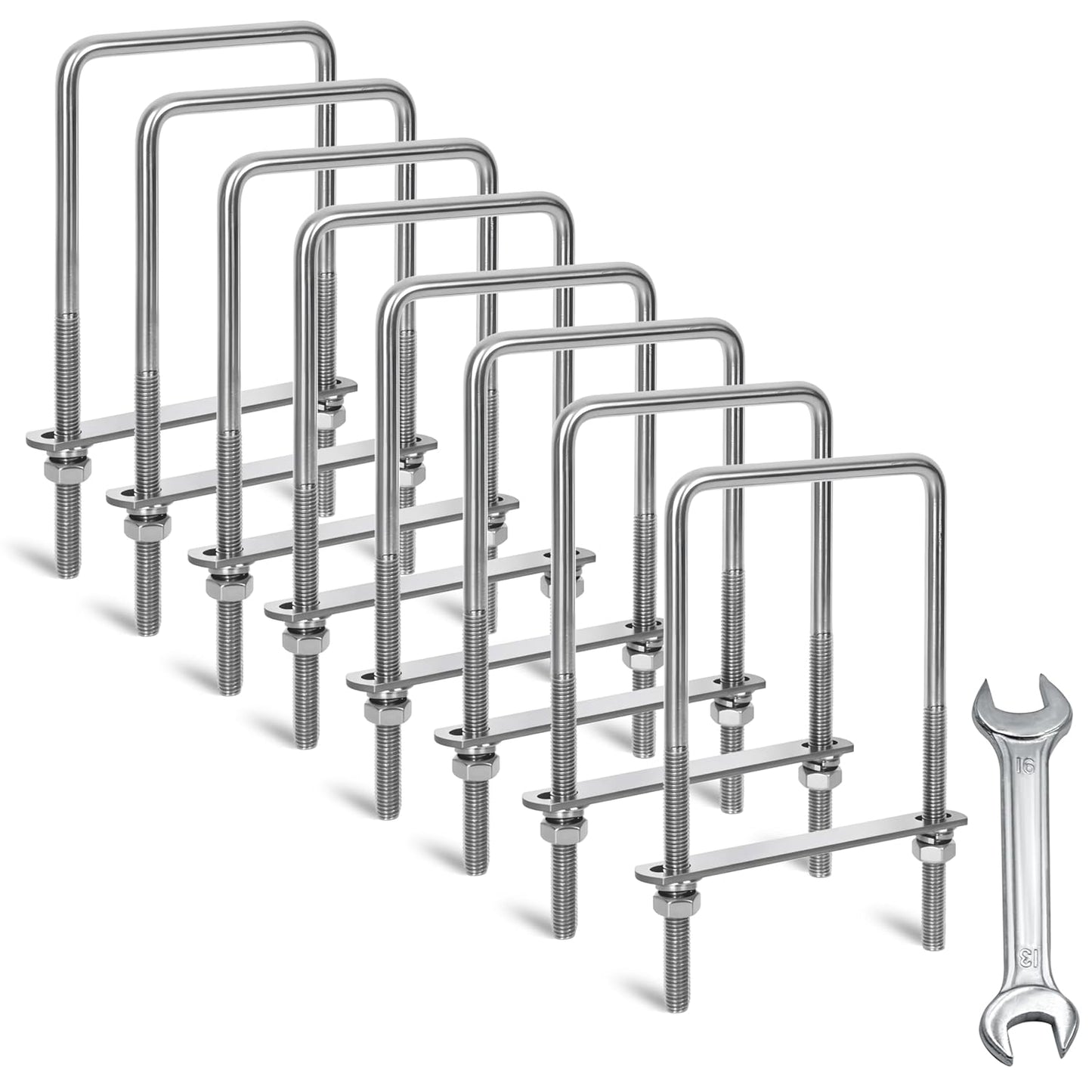 M10 Square U-Bolts 4 inch Wide, 304 Stainless Steel Set of 8