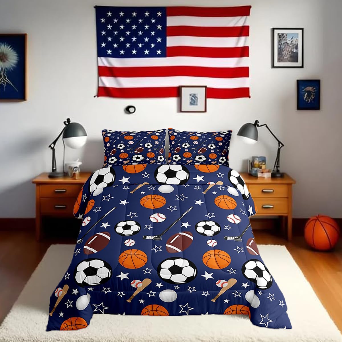 Sports Theme Bedding Set for Kids - Basketball Football Baseball