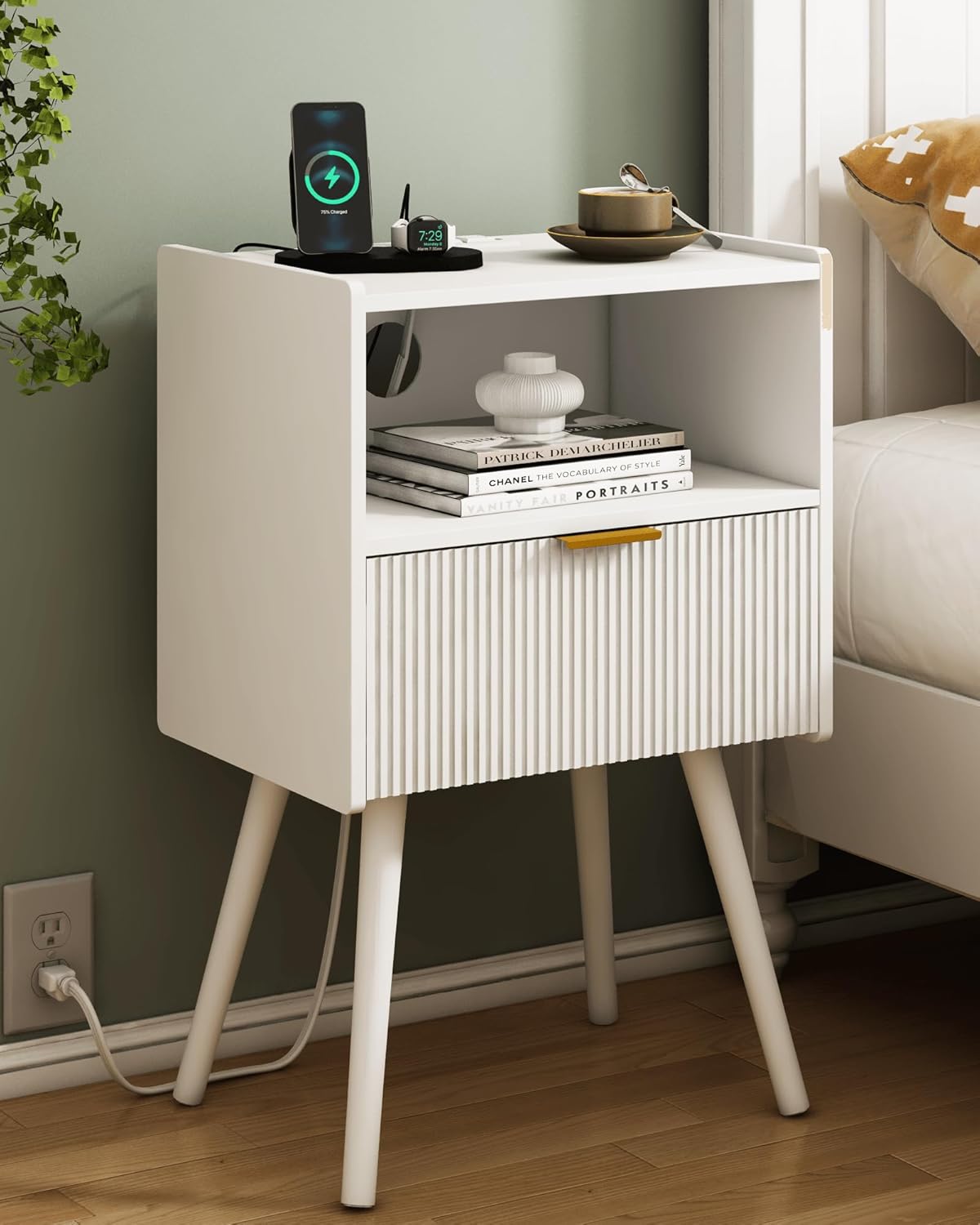 Modern White Nightstand with Outlet and Storage for Small Spaces