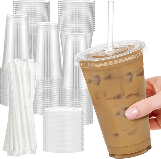 100 Pack 24 oz Clear Plastic Cups with Lids and Straws for Drinks