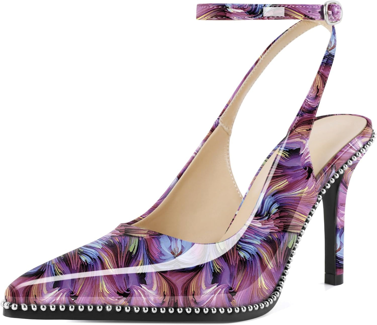 Slingback Heels for Women: Floral Purple Ankle Strap Pumps