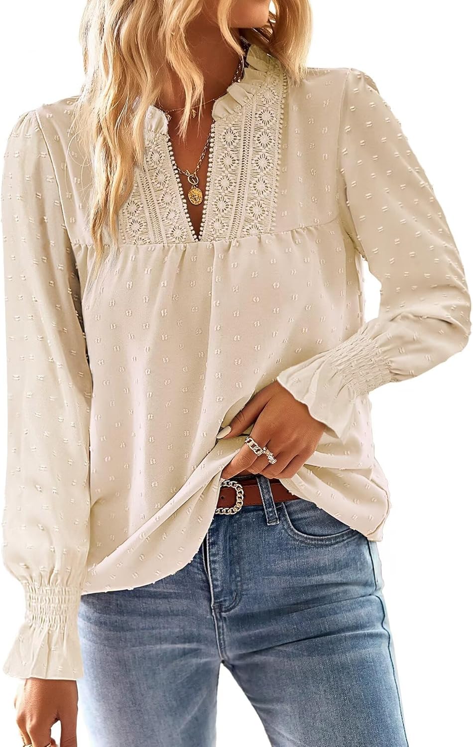 Boho Tops for Women V Neck Blouses Flowy Swiss Dot Dressy Casual
