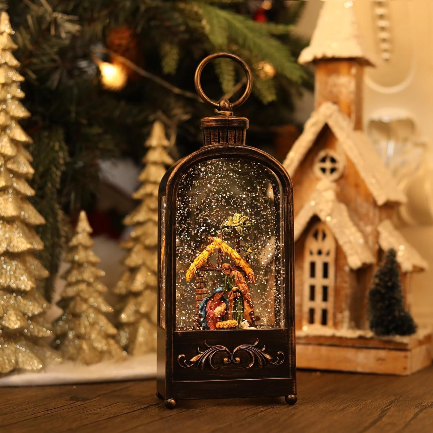 Nativity Scene Snow Globe Lantern for Christmas Home Decoration