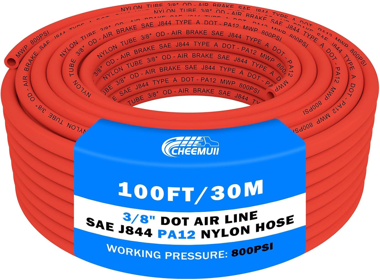 CheeMuii 100 FT 3/8 DOT Air Line Red Nylon Pneumatic Tubing