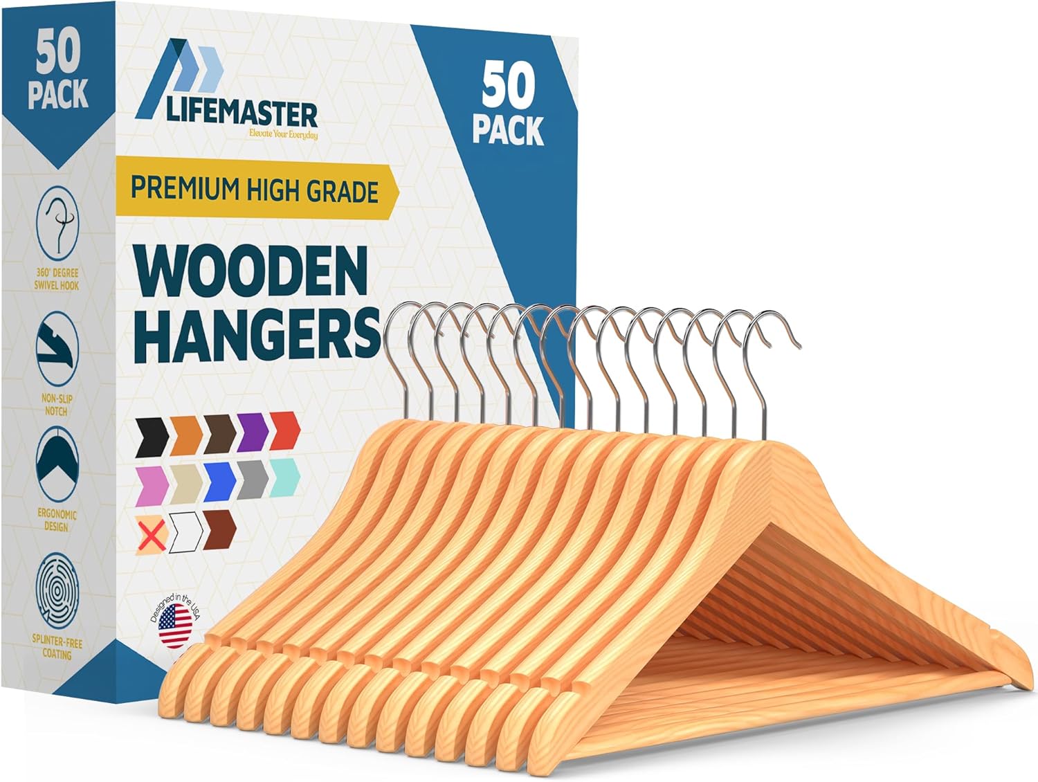 Lifemaster Wooden Hanger Set - 50 Non-Slip Space-Saving Hangers