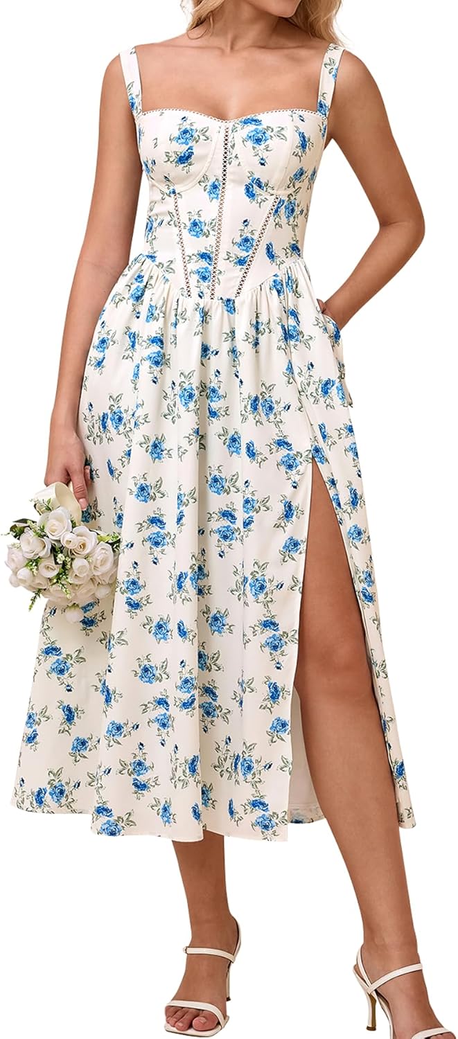 Floral Corset Midi Dress with Pockets for Summer Weddings