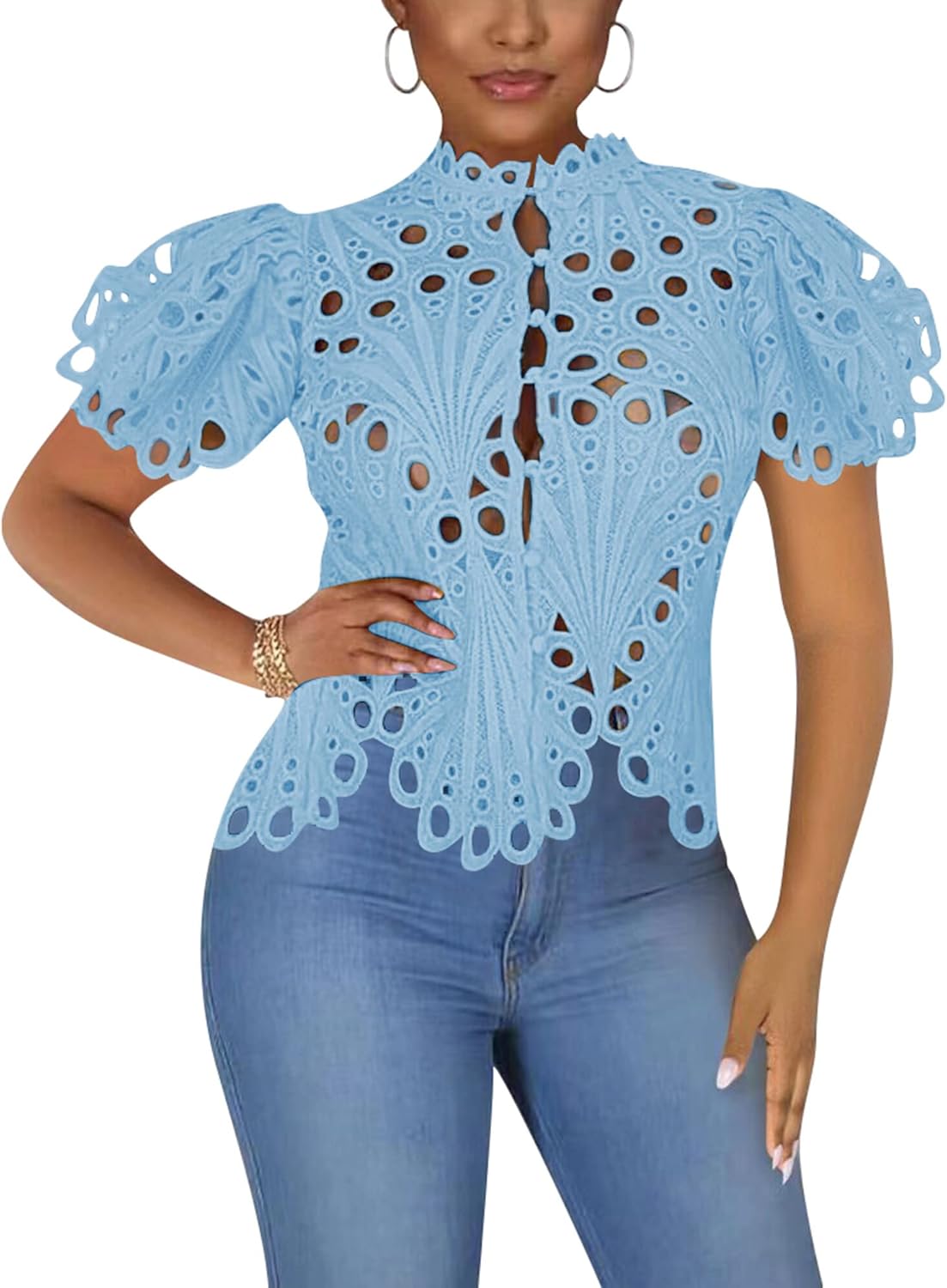 Doweha Womens Sexy Ruffle Long Sleeve Summer Lace Tops 2025