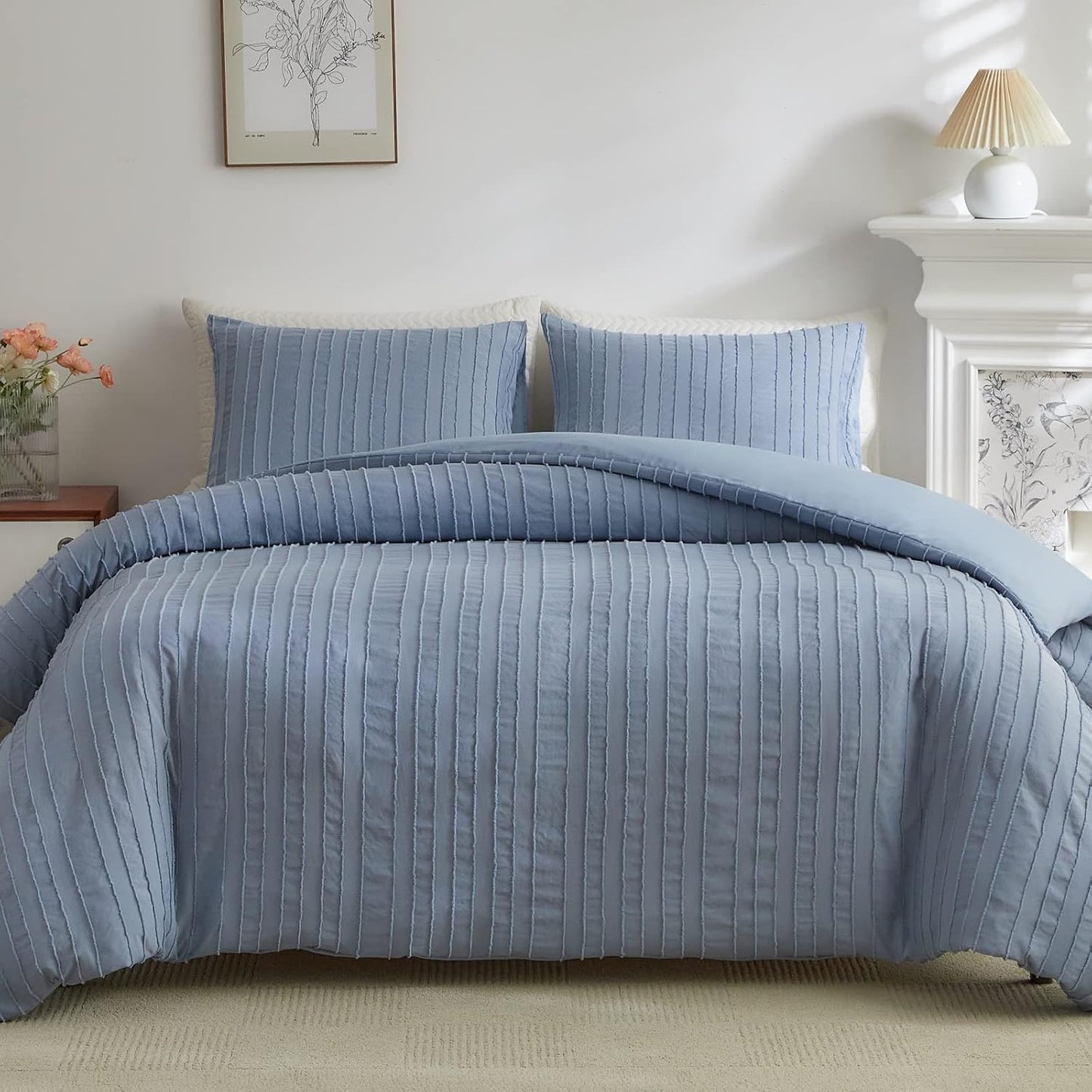 Blue Tufted Duvet Cover Set Queen Size for Cozy Boho Bedding