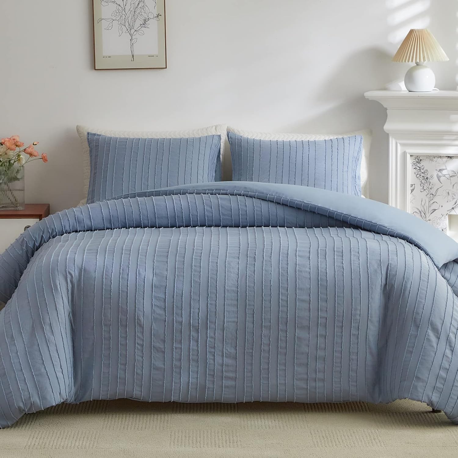 Blue Tufted Duvet Cover Set Queen Size for Cozy Boho Bedding